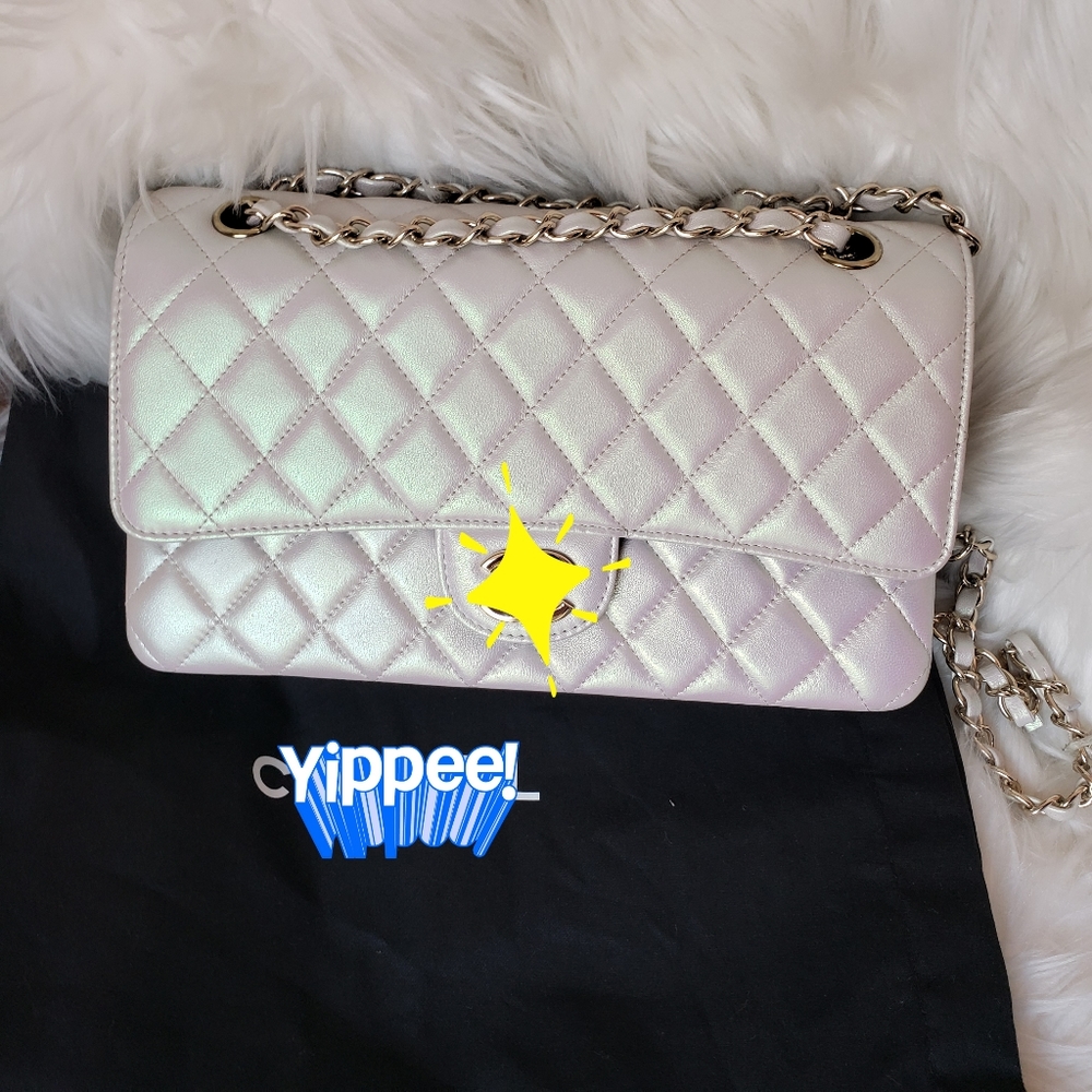 Lamb skin quilted iridescent double flap bag